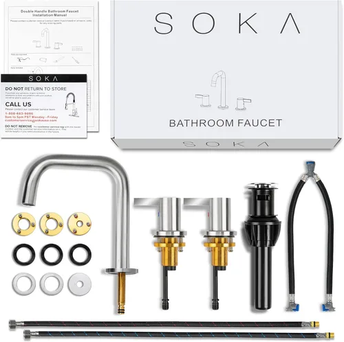 Miniatura 5 de SOKA Grifo de baño generalizado de 8 a 16 pulgadas, 2 asas, níquel cepillado, grifos táctiles para fregadero comercial, 3 piezas, lavabo de tocador