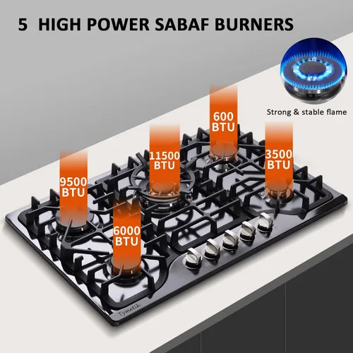 Miniatura 2 de Placa de gas de 30 pulgadas, estufa de gas de acero inoxidable integrada, 5 quemadores de alta eficiencia, estufa de gas convertible GLPG/NG (negro)
