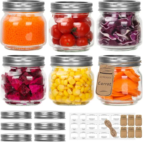 Eathtek Tarros pequeños de albañilería de 8 oz/240 ml con tapas regulares, paquete de 6 tarros de vidrio para conservas con etiquetas, tarros de