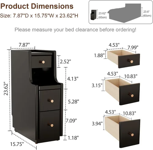 Miniatura 2 de Mesita de noche estrecha con 3 cajones, mesita de noche estrecha de madera maciza, color negro, moderna mesita de noche delgada para dormitorio
