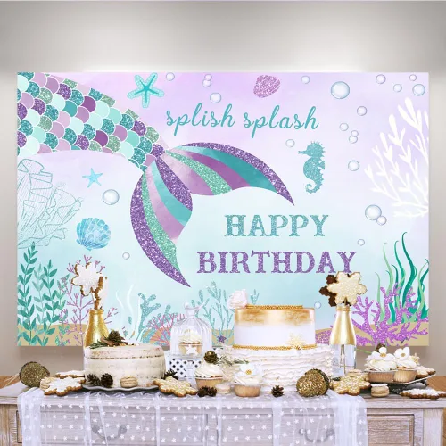 Miniatura 3 de Lofaris Telón de fondo de sirena de 5 x 3 pies con temática de cola de pez para niños y niñas bajo el mar Splish Splash Oneder The Sea 1st Bday