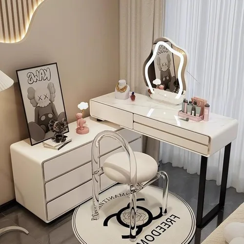 Miniatura 6 de Escritorio de tocador con luces, tocador de maquillaje con espejo, tocador con cajón grande, 3 modos de iluminación de brillo ajustable, juego