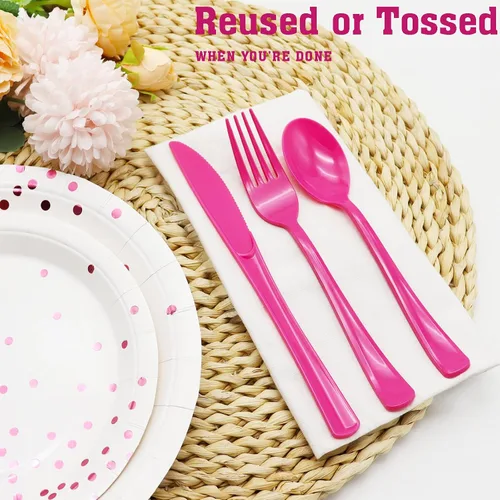 Miniatura 3 de 150 piezas de cubiertos de plástico rosa intenso y utensilios de plástico rosa intenso resistentes - 50 tenedores, 50 cuchillos, 50 cucharas