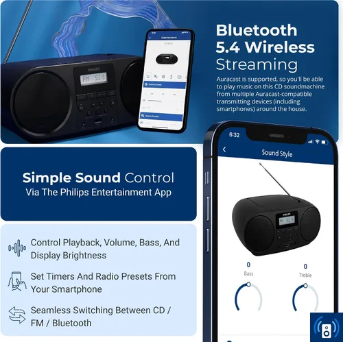 Miniatura 5 de Philips Reproductor de CD portátil Boombox con Bluetooth, radio FM, altavoces Dynamic Bass Boost, entrada USB/auriculares/auxiliar, reproductor