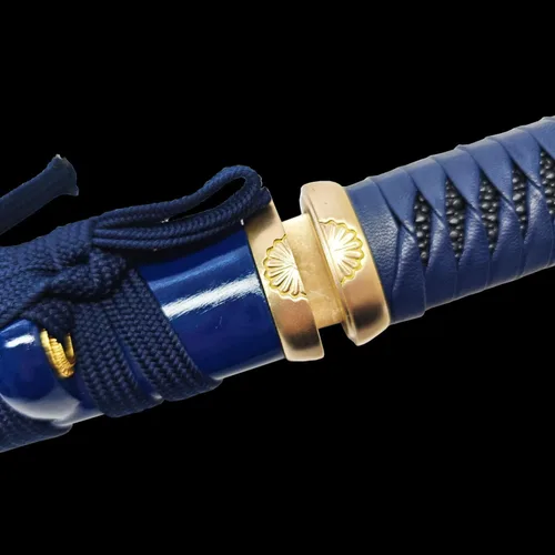 Miniatura 3 de Cuchillo de acero al manganeso 1065 hecho a mano con accesorios de cobre Azul