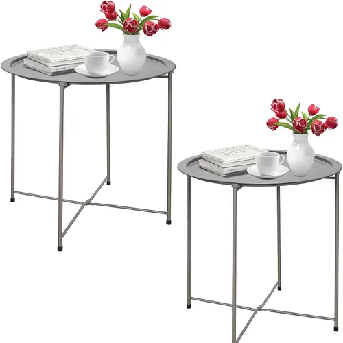 Miniatura 11 de Garden 4 you Juego de 2 mesas auxiliares, mesa auxiliar para exteriores, mesa pequeña para patio, mesa auxiliar de metal, mesa auxiliar redonda Verde