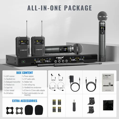 Miniatura 3 de Phenyx Pro Juego de micrófono inalámbrico de 4 canales PTU-5200-2H2B incluido con estuche de rack poco profundo 4U PRCSE-4U