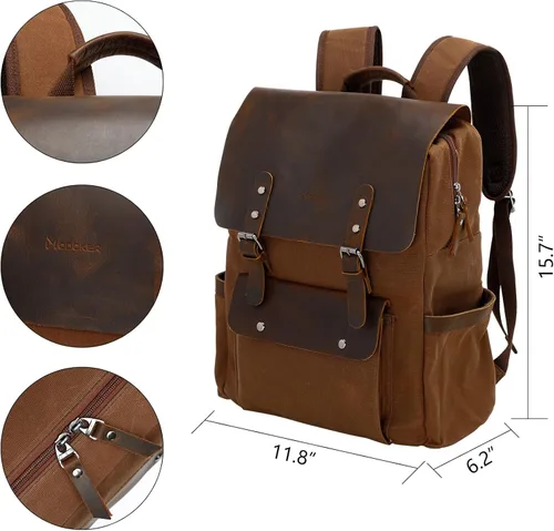 Miniatura 6 de Modoker Mochila de lona encerada, mochila de cuero para hombres y mujeres, mochila vintage de viaje para laptop de 15.6 pulgadas, mochila retro