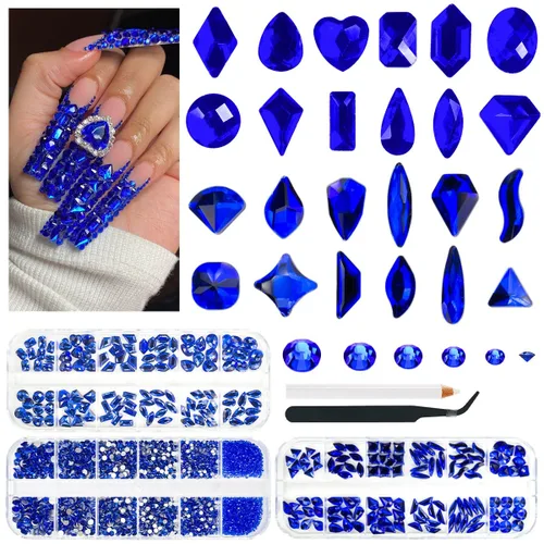 Miniatura 10 de qiipii 24 estilos de diamantes de imitación de aguamarina para uñas, piedras azul lago, diamantes K9 de vidrio, cristales planos azul agua, gemas