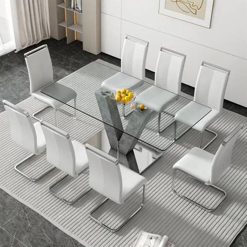 Miniatura 28 de Juego de mesa de comedor de vidrio de 71 pulgadas para 6, juego de mesa de comedor para 6, mesa de cocina moderna y 6 sillas de PU, parte superior 6