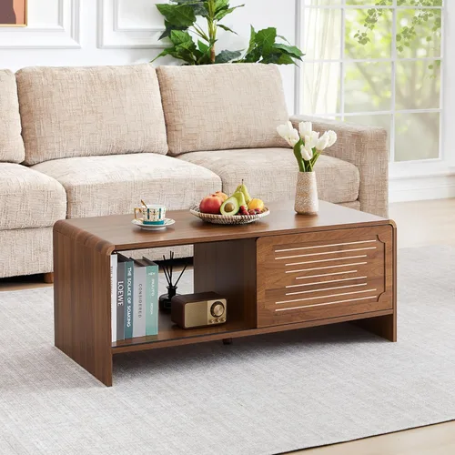 Miniatura 11 de Mesa auxiliar ovalada de 43.3 pulgadas, mesa de centro acanalada con compartimento de almacenamiento oculto, mesa de comedor moderna de mediados