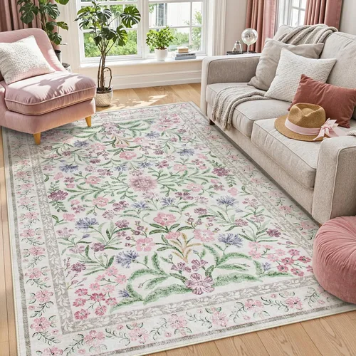 Miniatura 34 de Lahome - Alfombra redonda bóhema de color rosa claro de 4 pies, alfombras pequeñas circulares lavables para dormitorio de niños, alfombra circular