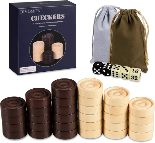 Miniatura 9 de BIVOMON Juego de 30 piezas apilables de madera clásicas, juego de 30 piezas de damas, 5 dados, 2 bolsas de almacenamiento con cordón, damas