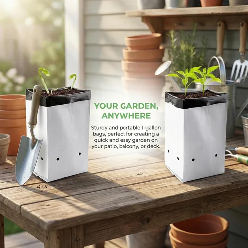 Miniatura 7 de Lawei Paquete de 100 bolsas de cultivo de plástico de 1 galón, bolsas de cultivo de plantas en blanco y negro, bolsas de siembra para plantas