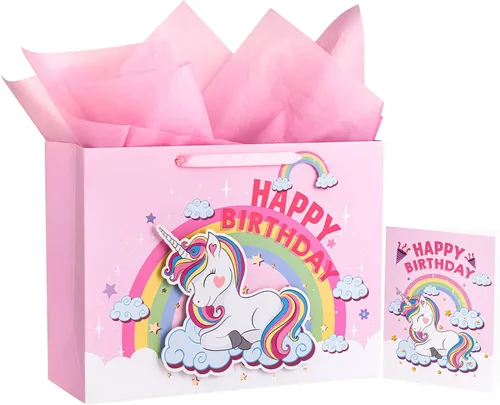 WRAPAHOLIC Bolsa de regalo de cumpleaños extra grande de 16 pulgadas con tarjeta y papel de seda, unicornio de fantasía feliz cumpleaños Unicornio -