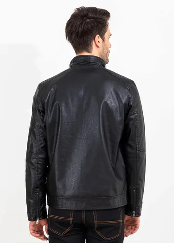 Miniatura 6 de VICALLED Chaqueta de cuero para hombre, ajuste delgado, cuello alto, chaqueta de motocicleta de poliuretano, ligera