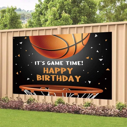 Miniatura 3 de Fondo de baloncesto con texto en inglés «Happy Birthday» para decoración de fiesta de baloncesto en interiores y exteriores, suministros