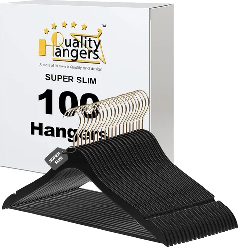 Miniatura 12 de 100 perchas de madera negras ultra finas de 16.5 pulgadas que ahorran espacio, gancho giratorio de 360 grados, lo mejor para trajes, perchas