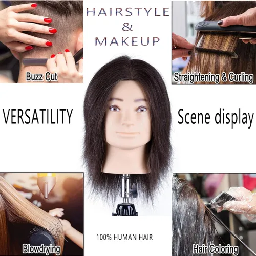 Miniatura 3 de HAIRWAY Cabeza de maniquí masculino de 8 pulgadas, cabeza de maniquí de práctica de peluquero con cabello humano 100% real, cosmetología, Marrón