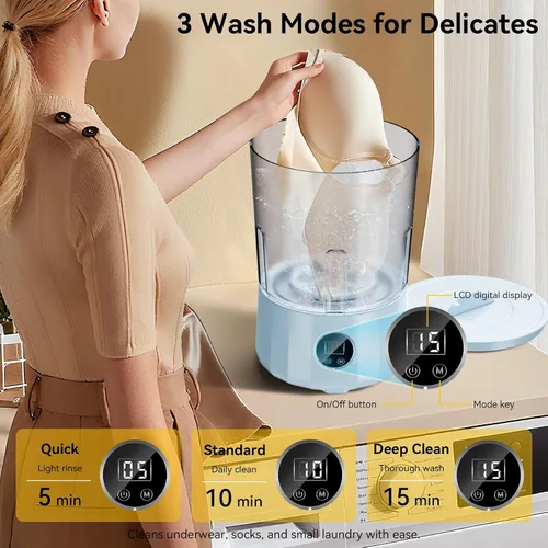 Miniatura 3 de Lavadora de ropa interior de 1.5L, mini lavadora portátil recargable con 3 modos de limpieza para ropa personal, ropa interior, calcetines, ropa