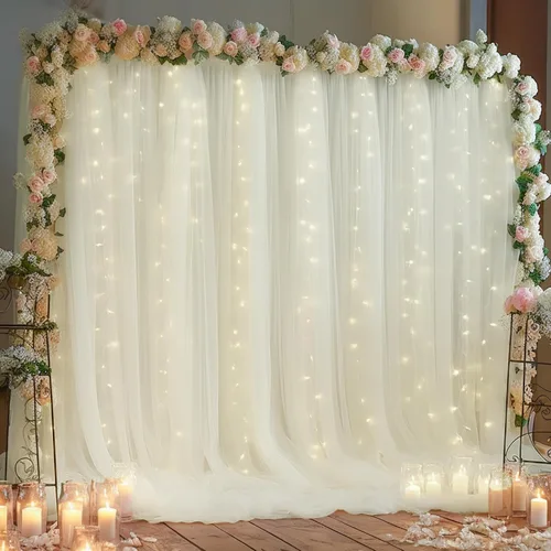 Miniatura 28 de Cortina de telón de fondo de tul azul bebé de 10 x 8 pies con cadena de luces para fiestas, cortinas de fondo transparentes para bodas, baby shower
