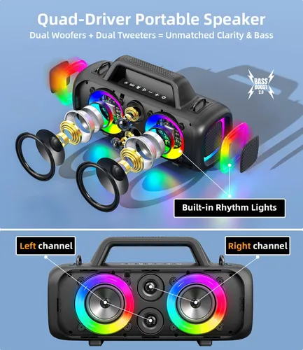 Miniatura 2 de Altavoz Bluetooth portátil inalámbrico, sonido fuerte de 140 W de pico con 2 subwoofers y refuerzo de graves, altavoz impermeable para exteriores