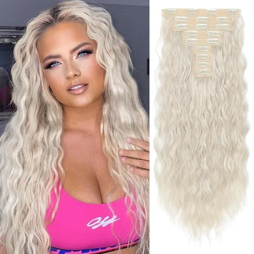 Miniatura 33 de REECHO Extensiones de cabello con clip, 5 piezas, de 24 pulgadas, de color rubio ceniza, extensiones de cabello con ondas largas y sueltas, HE002