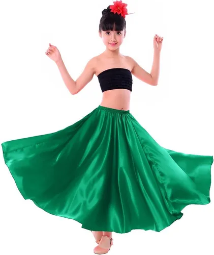 Falda larga de satén para niñas para danza del vientre, actuación mexicana folklórica, sesión de fotos