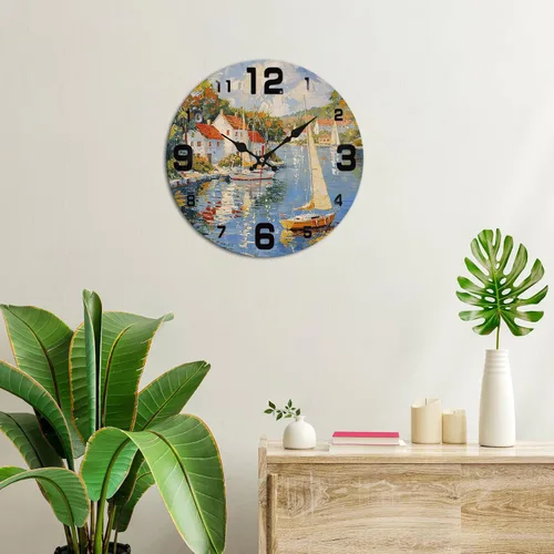 Miniatura 2 de Coastal Harbor Painting Wooden Wall Clock with Nautical Scene 25x25cm