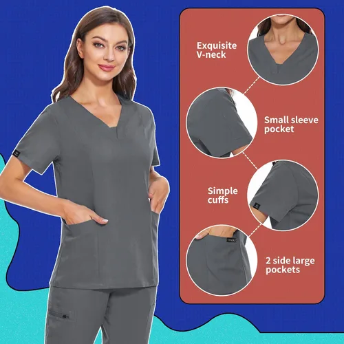 Miniatura 17 de VIAOLI Conjunto de ropa quirúrgica para mujer, camiseta con cuello en V y pantalones médicos tipo cargo para mujer, 10 bolsillos
