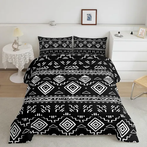 Miniatura 2 de Erosebridal - Juego de ropa de cama estilo tribal bohemio azteca, edredón con estampado étnico blanco y negro, bohemio, tamaño King, juego de Multi