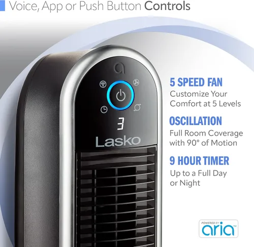 Miniatura 4 de Lasko Aria™ T40733 Ventilador de torre inteligente WiFi de 5 velocidades de 40 pulgadas con modo oscuro: negro