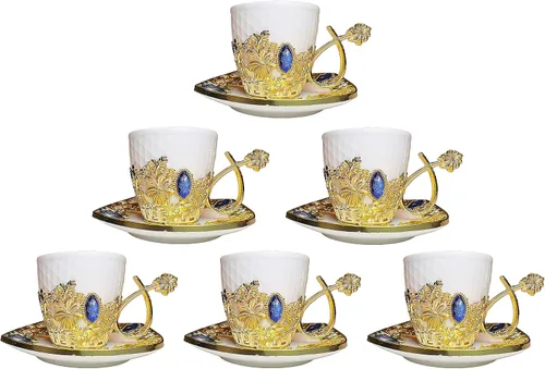 Miniatura 4 de Chandler Juego de tazas de café de porcelana blanca con acento acrílico dorado y gema azul, 6 tazas y 6 platillos, caja de regalo incluida (redonda)