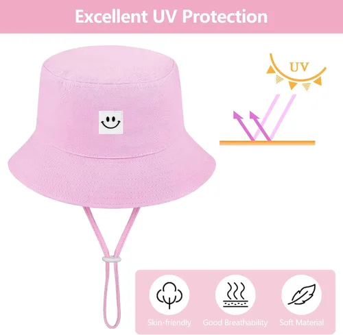 Miniatura 3 de Cooraby Paquete de 4 sombreros de sol para bebé, transpirable, con sonrisa, sombrero de cubo protector solar para bebé, gorra ajustable para bebé