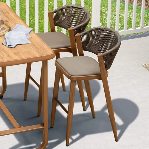Miniatura 40 de PURPLE LEAF Juego de 2 taburetes de bar de altura de mostrador de aluminio moderno de mimbre de ratán con respaldo y cojín para cocina, césped, Gris