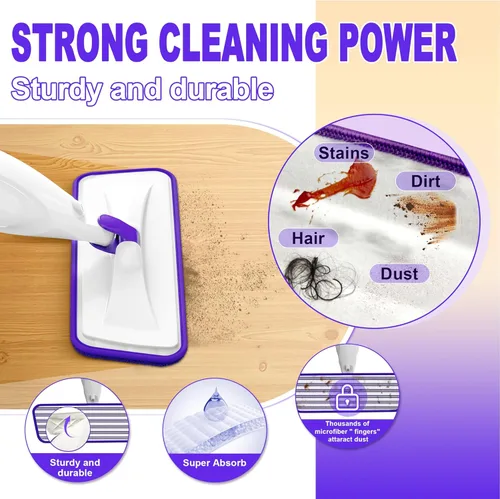 Miniatura 5 de Trapeadores en aerosol para limpieza de suelos de madera dura: mopas húmedas EXEGO con 5 almohadillas recargables de microfibra para Swiffer Morado