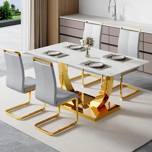 Miniatura 32 de Juego de mesa de comedor de 63 pulgadas para 4, juego de mesa de comedor dorado moderno para 4, juego de mesa de cocina de mármol sintético con negro