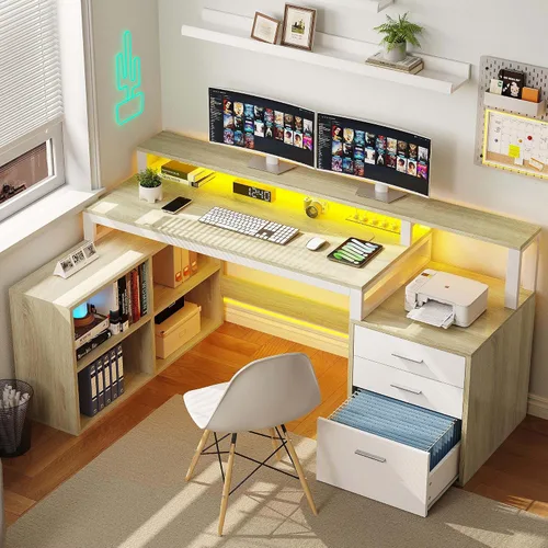 DWVO Escritorio en forma de L con cajones, escritorio para computadora de 65 pulgadas con tomas de corriente y luces LED, escritorio de esquina para