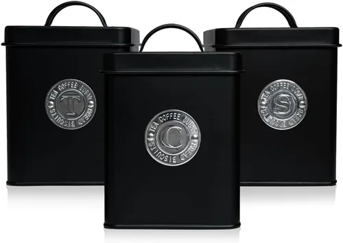 Plexon Juego de 3 recipientes para cocina, recipientes de cocina para encimera, juegos de recipientes con tapas y etiquetas de cobre, color negro