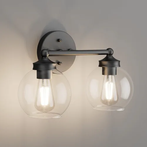 Tipace Lámpara de tocador industrial, 2 luces, estilo vintage, color negro mate, con pantallas de vidrio transparente, apliques de pared de granja