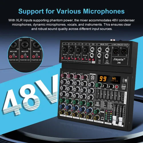 Miniatura 4 de Mezclador DJ de 6 canales, mezclador de audio profesional, metal, efectos preestablecidos DSP 99, tablero de sonido Bluetooth, alimentación fantasma