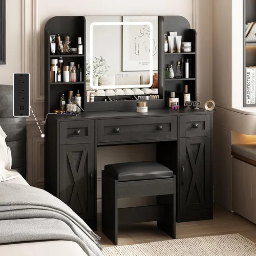 Vabches Escritorio de tocador negro, espejo de tocador con luces, escritorio de maquillaje con taburete, mesa de maquillaje con grandes cajones y