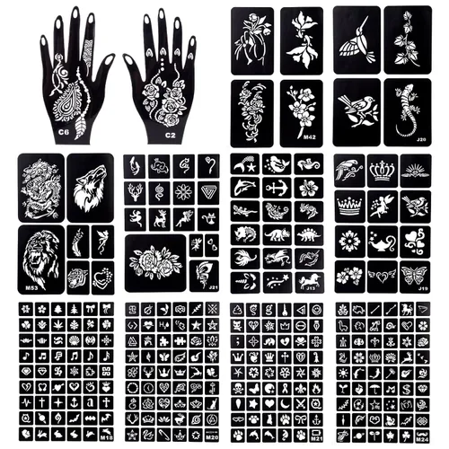 Miniatura 9 de Koogel Kit de plantillas de tatuaje de henna de 18 hojas, 97 plantillas de tatuaje con brillantina temporal para pintura facial y arte corporal
