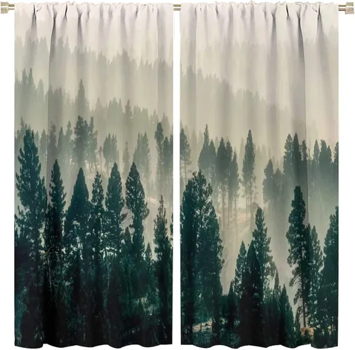 Miniatura 21 de Cortina de bosque neblinoso, bosque verde brumoso, paisaje natural, pino, alerce, niebla, montaña, oscurecimiento de habitación, puerta, ventana