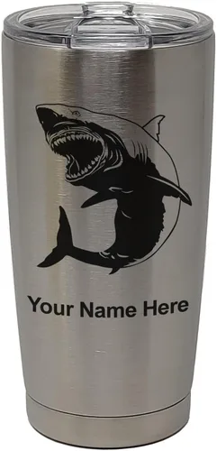 Miniatura 33 de LaserGram Vaso aislado al vacío de 20 onzas, gran tiburón blanco, grabado personalizado incluido (negro)