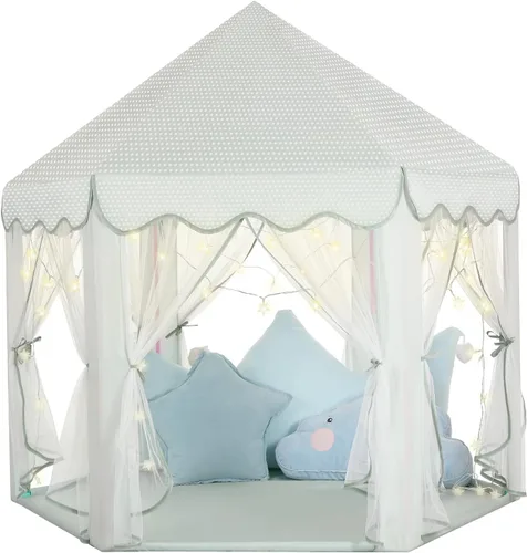 Miniatura 8 de Sumbababy - Tienda de campaña de castillo de princesa para niñas, de juego, hexagonal, azul, con luces de estrella de hadas, juguetes para niños