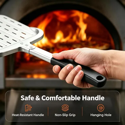 Miniatura 7 de Pala de pizza de 12 pulgadas, pala grande de aluminio para pizza con mango ergonómico largo y superficie antiadherente perforada, accesorios
