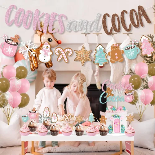 Miniatura 4 de Decoraciones de fiesta de galletas y cacao, banner de galletas rosas y cacao, banner navideño de hombre de jengibre, globos para adorno de pastel