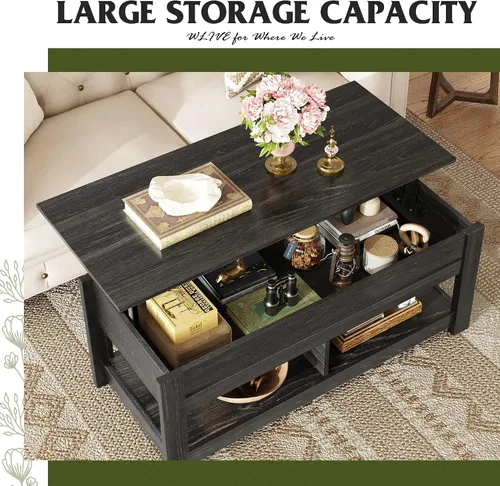 Miniatura 3 de WLIVE - Mesa de centro con parte superior elevable de 47", mesa de centro con compartimento oculto y 2 estantes de almacenamiento para sala de Roble