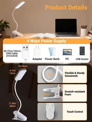 Miniatura 8 de Lámpara con Pinza, 9 Niveles de Brillo + 5 Colores Luz con Abrazadera, Lámpara de Escritorio Recargable con Batería de 4000mAh con Pinza, 450